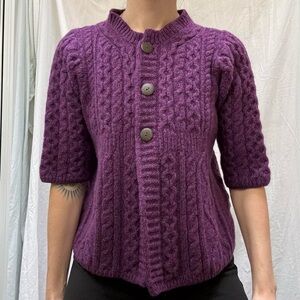 Purple Plum Wool Short Sleeve Cableknit Cardigan Made in Ireland